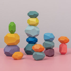 16 Piece Nordic Style Stacking Wooden Stones Set Balancing Blocks - Educational Montessori Toy